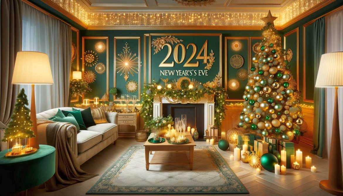 Гостиная с зелено-золотыми украшениями, отражающими год Дракона, с блестящей ёлкой и праздничными огнями