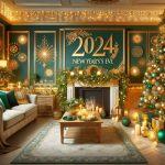 Гостиная с зелено-золотыми украшениями, отражающими год Дракона, с блестящей ёлкой и праздничными огнями
