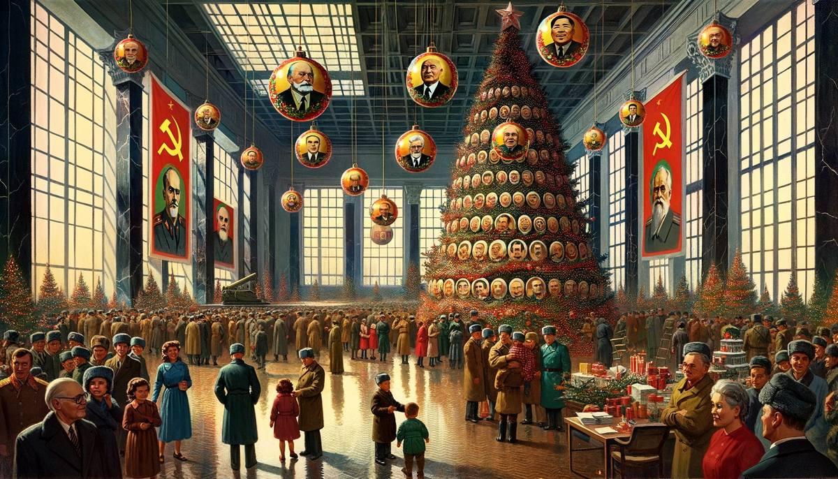 иллюстрация, демонстрирующая сцену в большом зале, где устанавливается ёлка, украшенная шарами с портретами членов Политбюро. Вокруг дерева собрались люди, в том числе дети, которые восхищённо смотрят на украшения. Обстановка отражает советскую эпоху.
