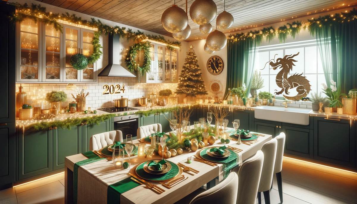 Кухня с зелено-золотыми украшениями и элегантно сервированным столом, создающая теплую и пригласительную атмосферу.