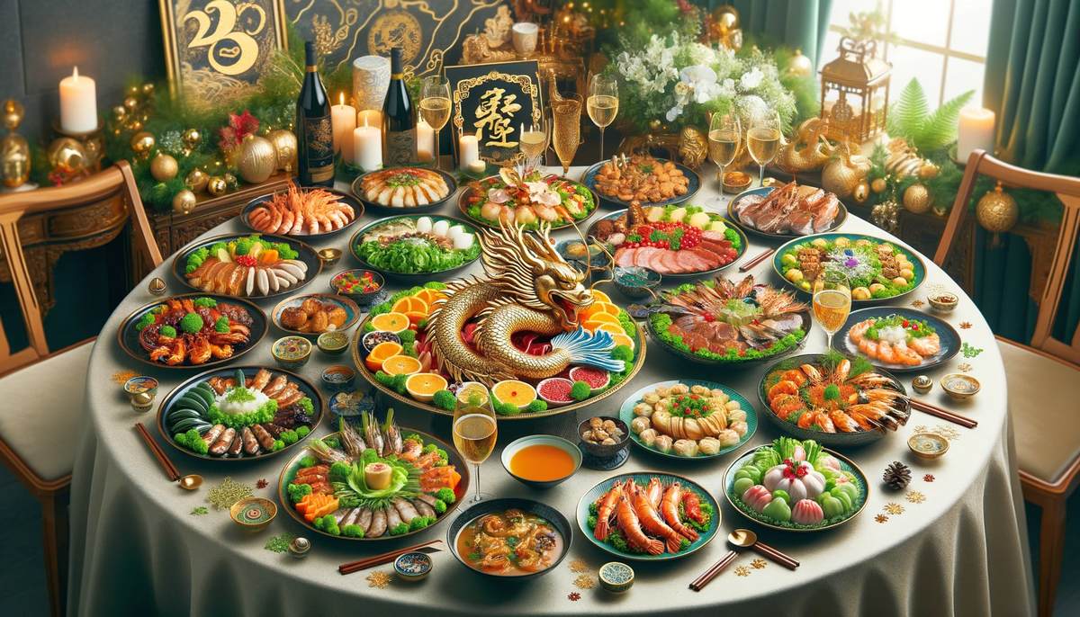 Разнообразные и вкусные блюда, включая морепродукты и мясные деликатесы, элегантно представлены на столе с зелено-золотыми украшениями.