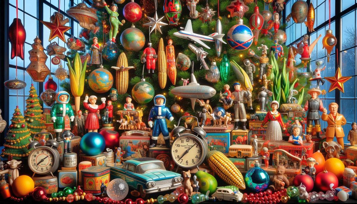 разнообразные советские елочные украшения послевоенного периода