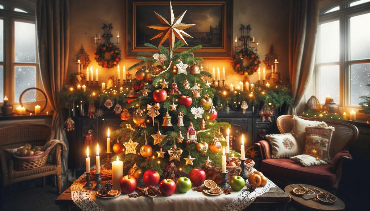 Традиционно украшенная рождественская ель в Германии, с яблоками, свечами и шестиконечной Вифлеемской звездой
