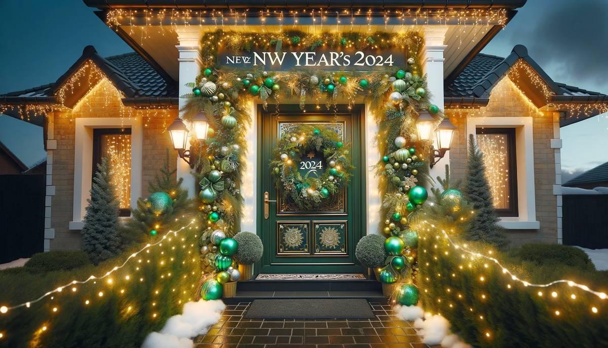 Внешний вид дома с блестящими огнями, красивым венком на двери и хвойными гирляндами.