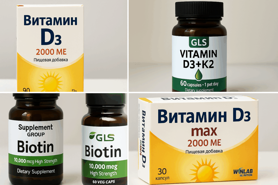 Коллаж из четырёх изображений упаковок БАДов: витамин D3, витамин D3+K2, биотин и витамин D3 MAX, размещённых на нейтральном фоне.