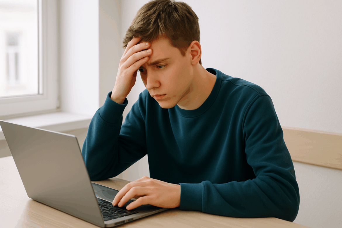 Подросток сидит за ноутбуком у окна, держится за голову и выглядит обеспокоенным; светлое дневное фото