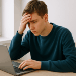 Подросток сидит за ноутбуком у окна, держится за голову и выглядит обеспокоенным; светлое дневное фото