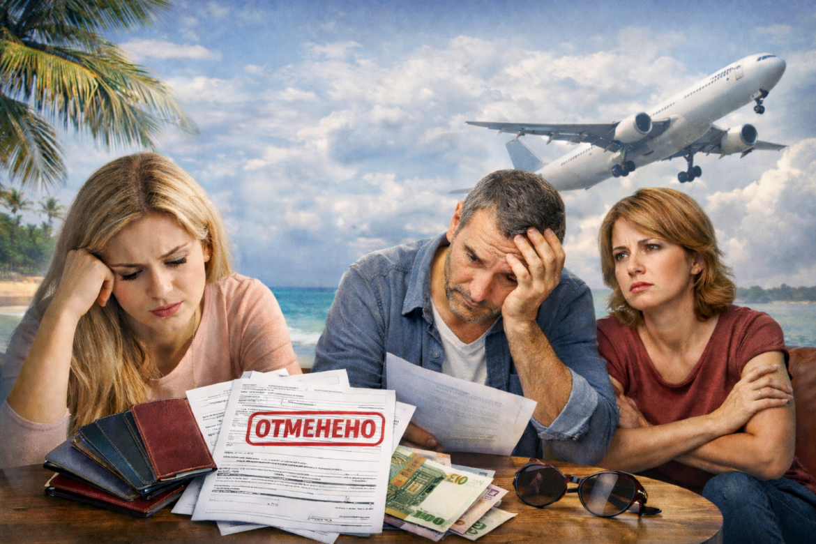 Разочарованные туристы с документами и деньгами после отмены поездки