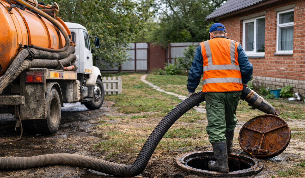 Вывоз канализационных отходов возле частного дома – ассенизационная машина откачивает канализацию
