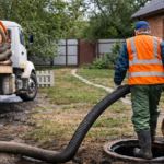 Вывоз канализационных отходов возле частного дома – ассенизационная машина откачивает канализацию