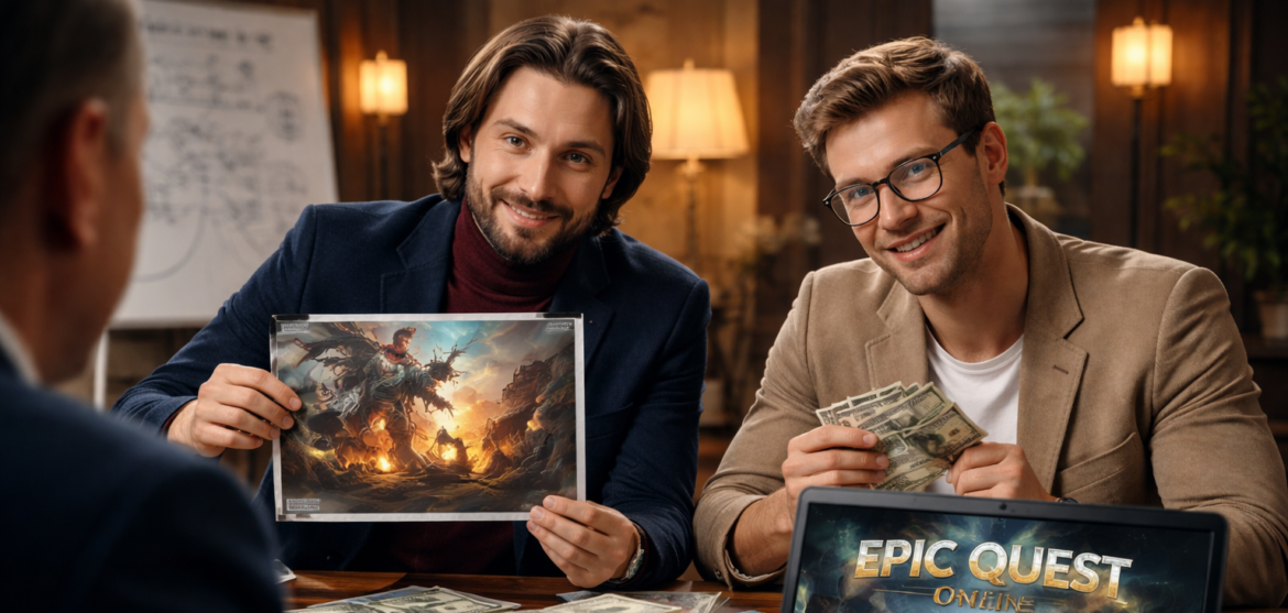 мошенничество с видеоигрой, мужчины демонстрируют фиктивную видеоигру инвестору