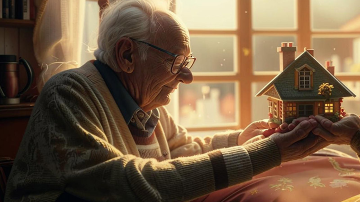 Пожилой мужчина держит в руках макет дома – символ дарения недвижимости и уязвимости пожилых людей перед мошенничеством